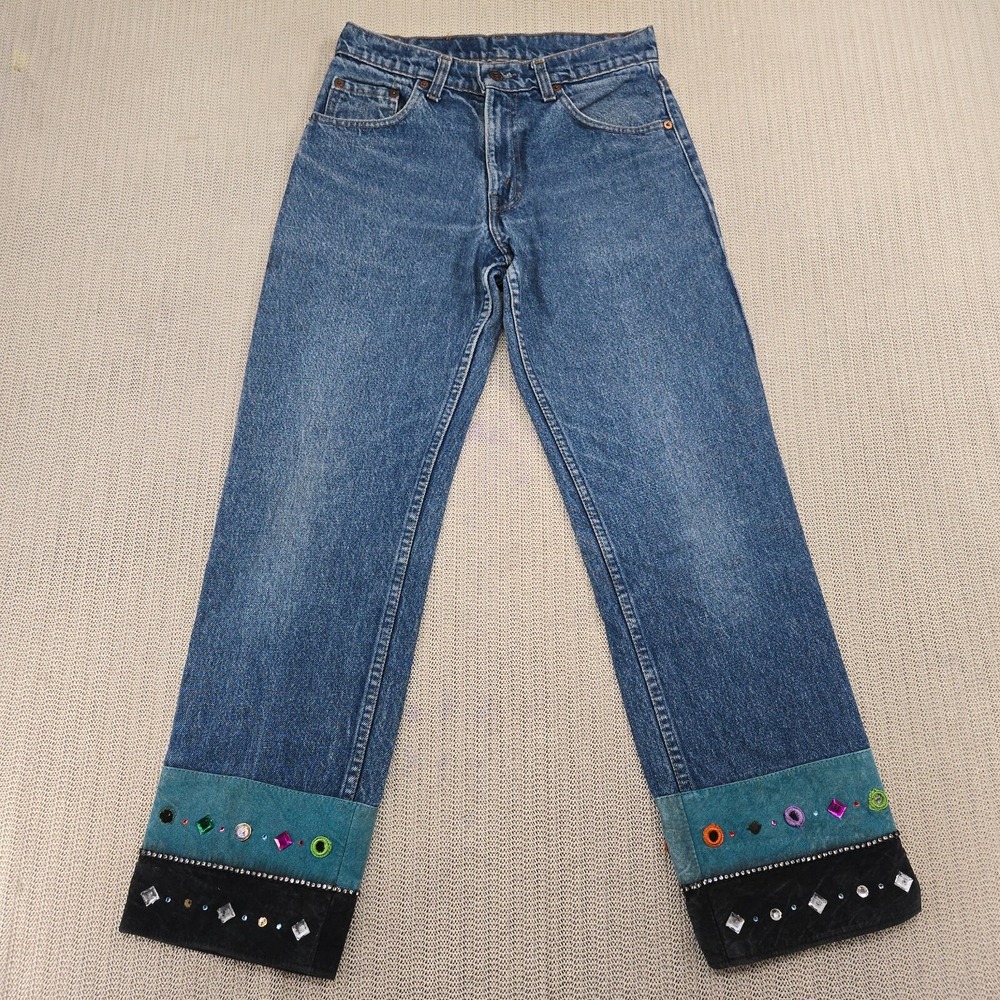 Vintage Levi's Leatherock Jeans Womens 29 Blue Denim Suede Leather Cuffs Beaded